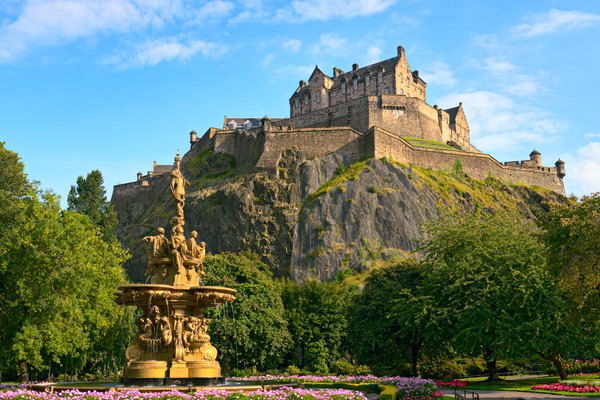 Edinburgh Castle, Scotland, from Princes Street Gardens, with Ross Fountain