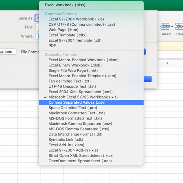 Captura de pantalla de guardar como archivo .csv en Excel.