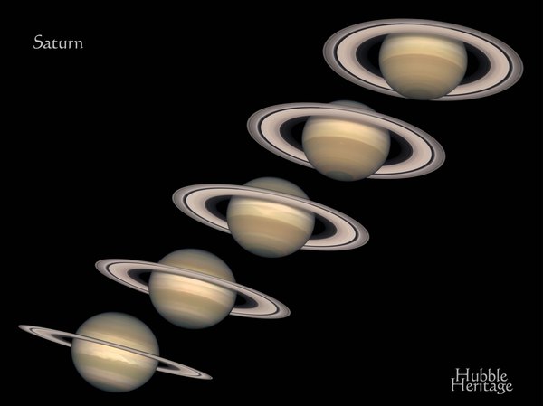 Five different views of Saturn taken by the Hubble space telescope.