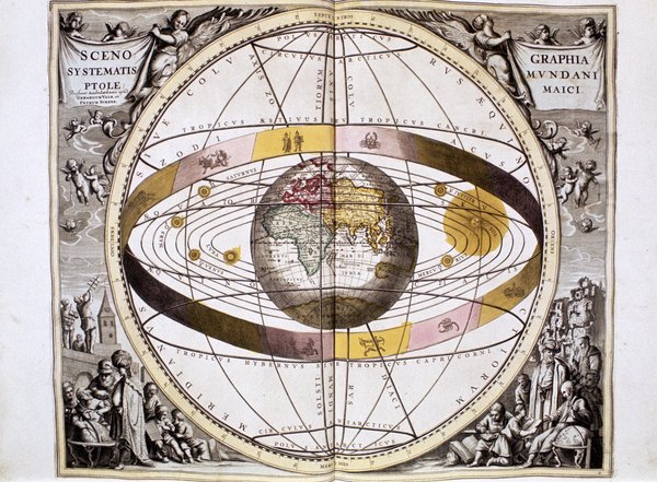 This portrait of Earth as the center of the universe, surrounded by concentric rings which themselves were host to other concentric rings, is the product of Ptolemy's work.