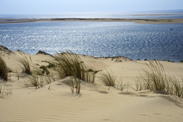 A sandbar in th distance can be seen from the beach.