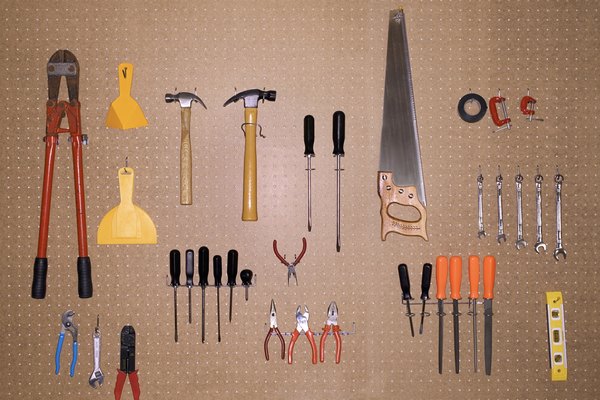 Tools hang neatly in a garage