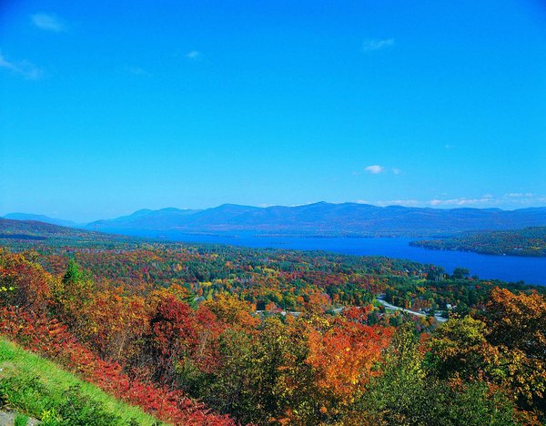 A view of Lake George and the Adirondack Mountains in New York State.