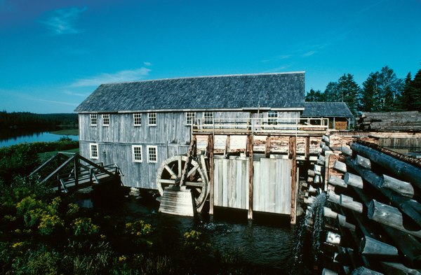 Water wheel at a rustic lumber mill in Sherbrooke, Nova Scotia, Canada.