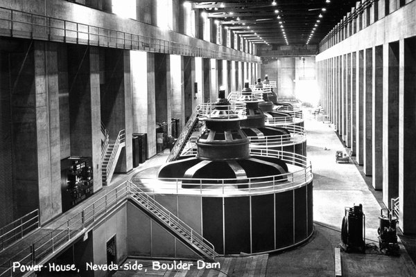 A vintage image of the turbine hall at the Boulder Dam, Colorado.