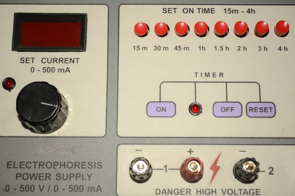 A power-supply regulator is used to keep the voltage in gel electrophoresis steady.