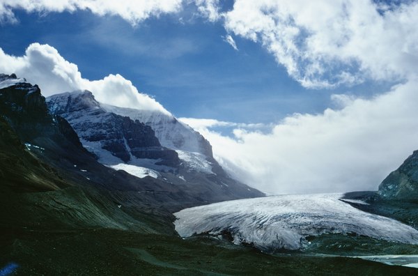 A glacier moves through mountains in British Columbia.