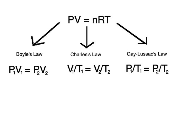 The three gas laws can be related through the ideal gas law.