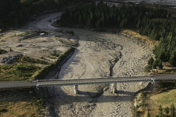 Lahar flows down a riverbed.