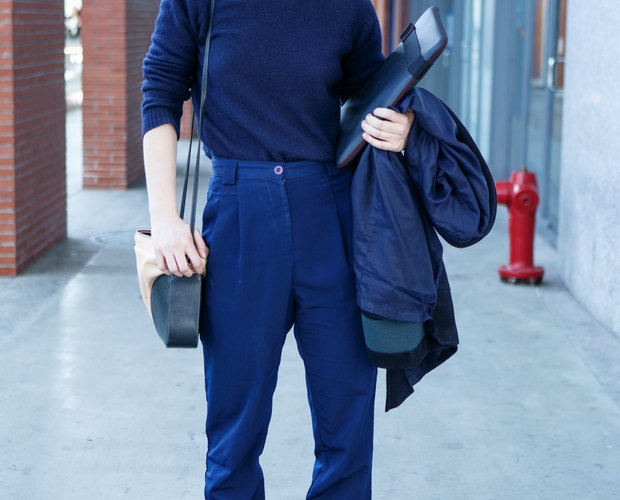 navy pants and black shoes