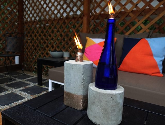 DIY concrete tabletop bottle torches