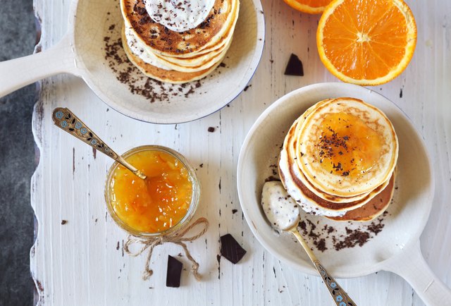 Ricotta pancakes with orange jam and chocolate