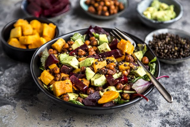 Superfood salad, avocado, beetroot, roasted chickpea, sweet potatoe, beluga lentil and blood orange