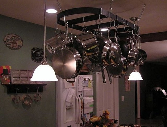 How To Hang A Pot Rack And Lights Over Kitchen Island Ehow Hang A Pot Rack And Lights Over Kitchen Island