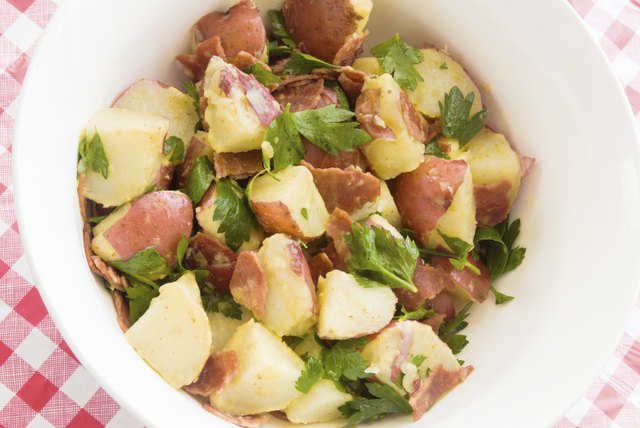 potato salad made with new red potatoes and turkey bacon