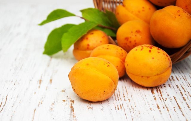 Basket with apricots on a old wooden background