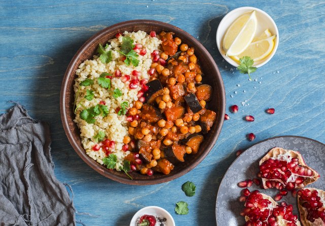 Eggplant chickpea stew and bulgur. Top view