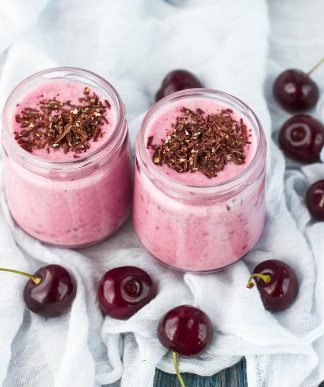 Smoothie with cherries, chocolate and nuts. Selective focus