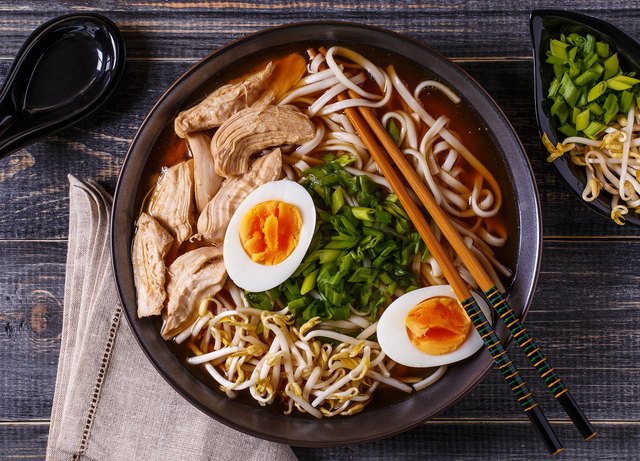 Japanese ramen soup with chicken, egg, chives and sprout.