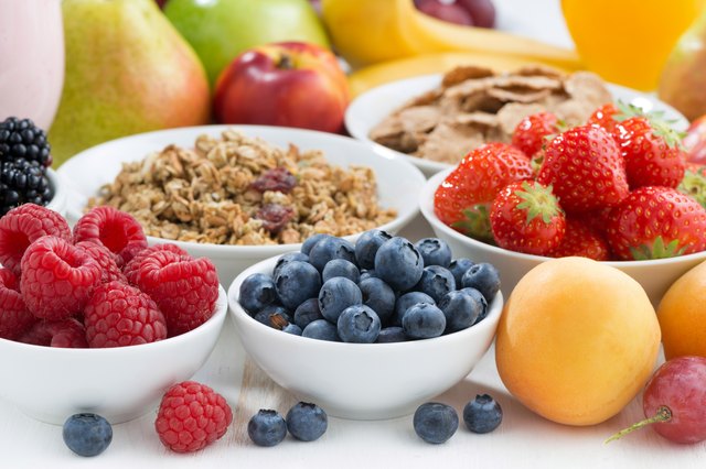 fresh berries, fruit and muesli for breakfast, close-up