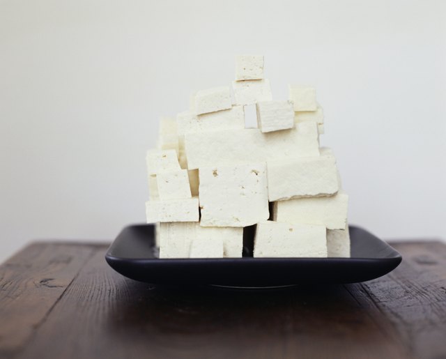 Tofu cubes stacked on platter