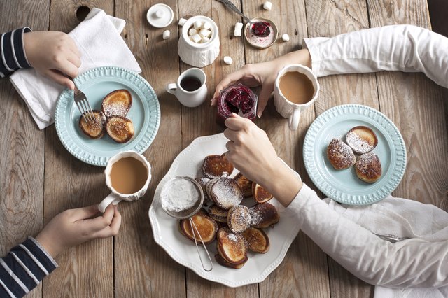 Breakfast with pancakes and hot chocolate