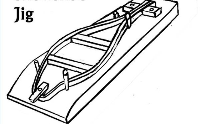 Simple wooden frame jig. Extra dowels or tie-downs can be added as needed.
