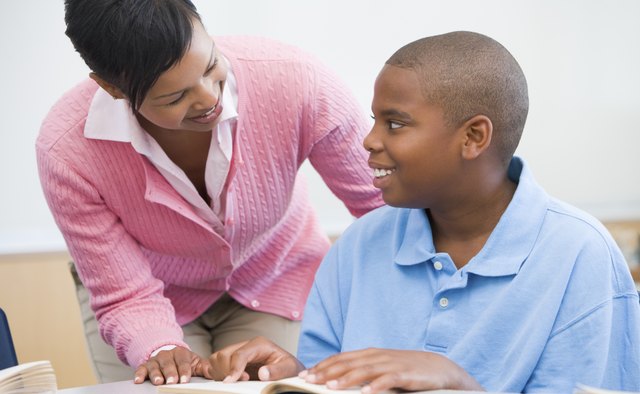 Teacher helping elementary school pupil