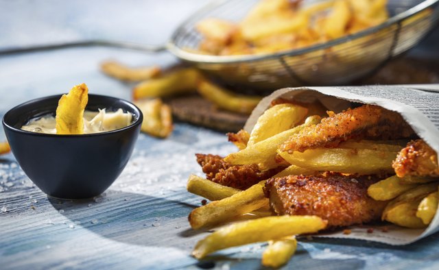Closeup of homemade Fish & Chips and sauce