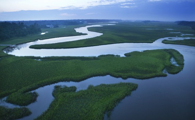 Aerial view of coastal waterway, Bald Head Island, North Carolina
