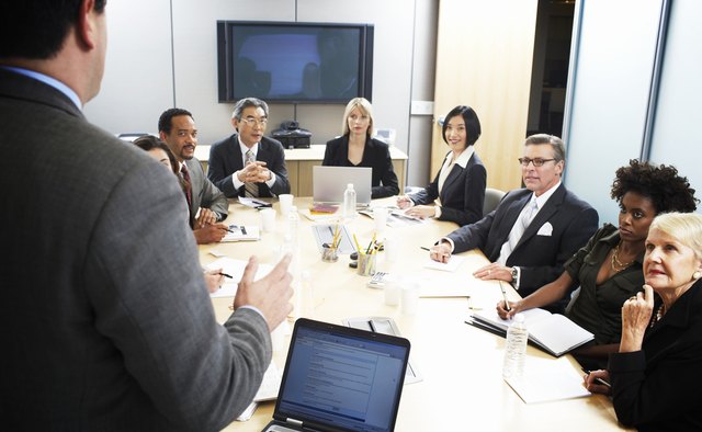 Businessman giving presentation, rear view