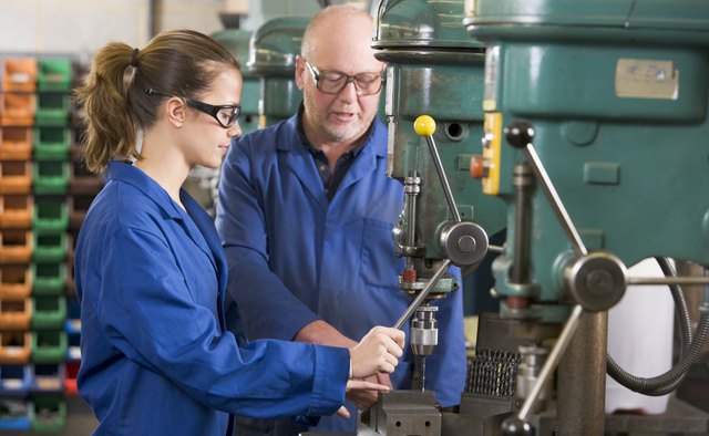 Two machinists working on machine