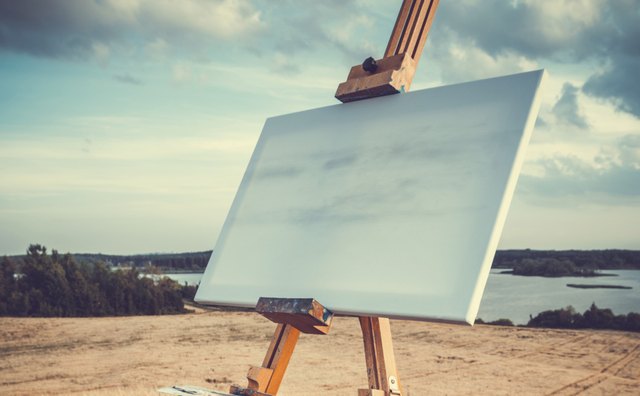 easel on lake landscape, retro stylized