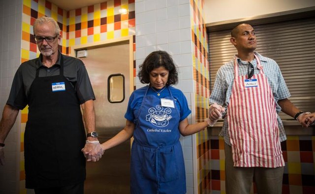 Volunteers at a soup kitchen.