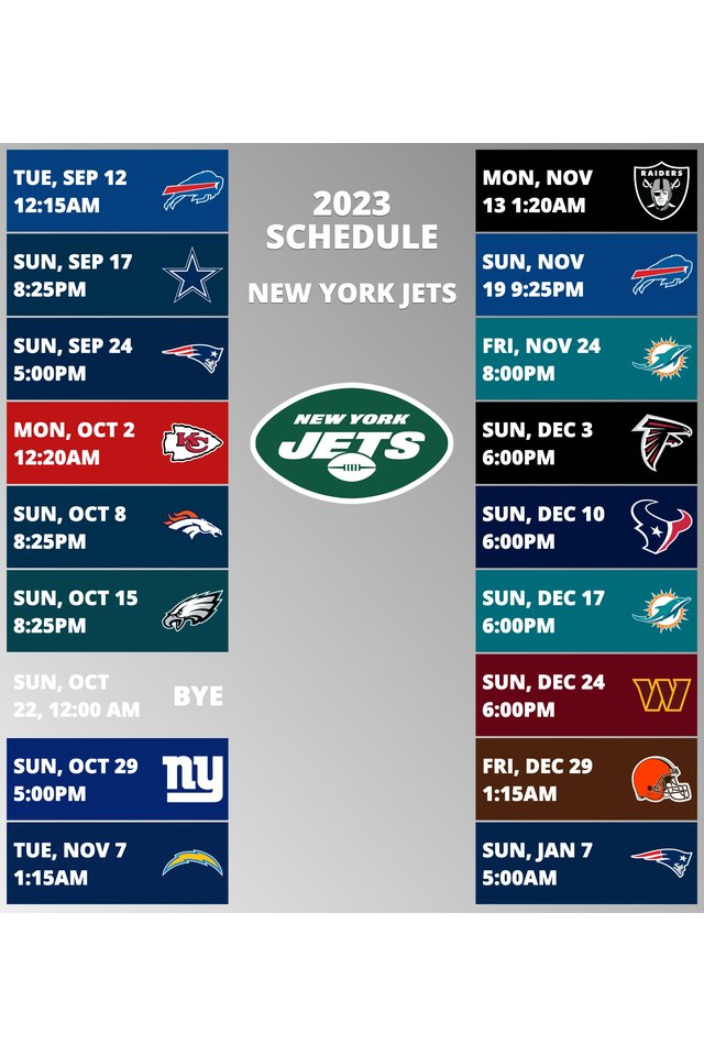 New York Jets 2022 Schedule Week 1: New York Jets vs. Baltimore Ravens. Week 2: New York Jets @ Cleveland Browns. Week 3: New York Jets vs. Cincinnati Bengals. Week 4: New York Jets @ Pittsburgh Steelers. Week 5: New York Jets vs. Miami Dolphins. Week 6: New York Jets @ Green Bay Packers. Week 7: New York Jets @ Denver Broncos. Week 8: New York Jets vs. New England Patriots. Week 9: New York Jets vs. Buffalo Bills. Week 10: New York Jets bye week. Week 11: New York Jets @ New England Patriots. Week 12: New York Jets vs. Chicago Bears. Week 13: New York Jets @ Minnesota Vikings. Week 14: New York Jets @ Buffalo Bills. Week 15: New York Jets vs. Detroit Lions. Week 16: New York Jets vs. Jacksonville Jaguars. Week 17: New York Jets @ Seattle Seahawks. Week 18: New York Jets @ Miami Dolphins. 