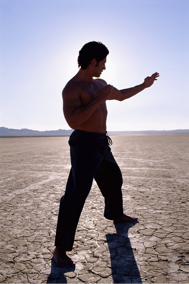 Man practicing martial arts in desert