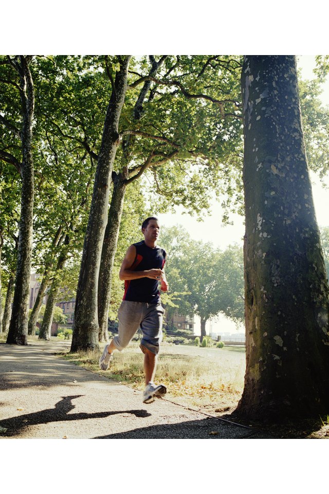 Man running on tree lined path in park