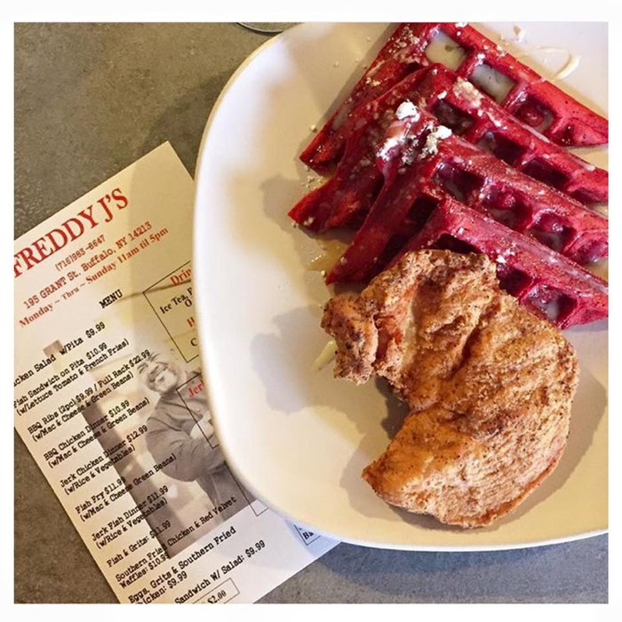 fried chicken and red velvet waffles