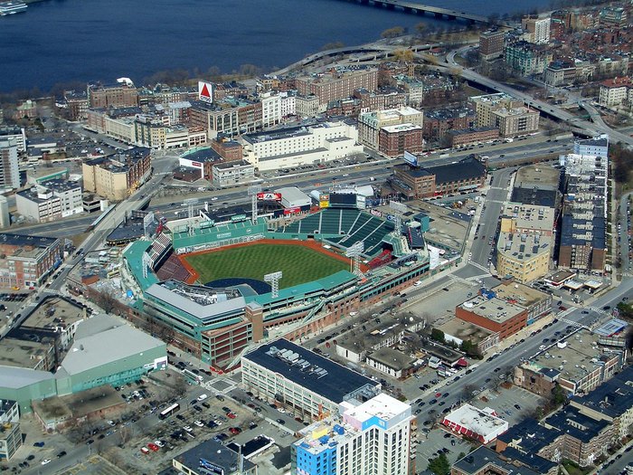 Aerial view of Boston, Massachusetts, with a focus on the city's