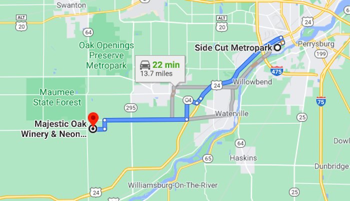 Google Map screenshot of distance between locations