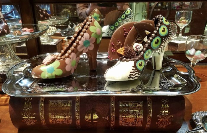Decorated high heeled stillettos made out of chocolate are displayed at Chocolate Fetish in North Carolina