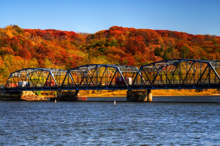 Fall colors on the St. Croix River and the Stillwater Lift Bridge.