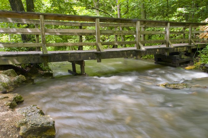 Water from Dunning's Spring in Decorah Iowa flows under a wooden bridge