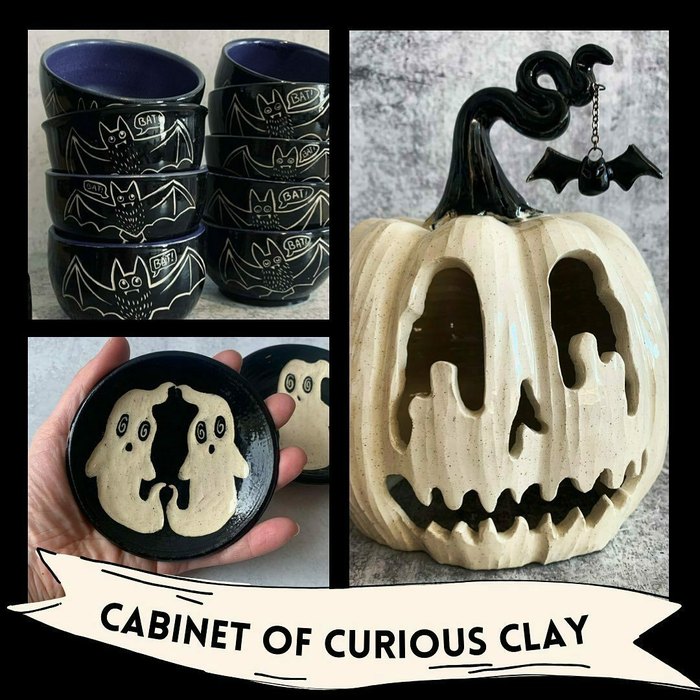 Black and white ghost and pumpkin ceramics