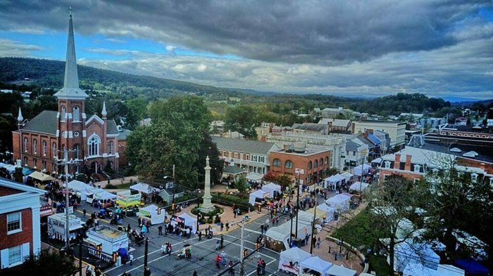 An aerial view of a fall festival in downtown Bedford.