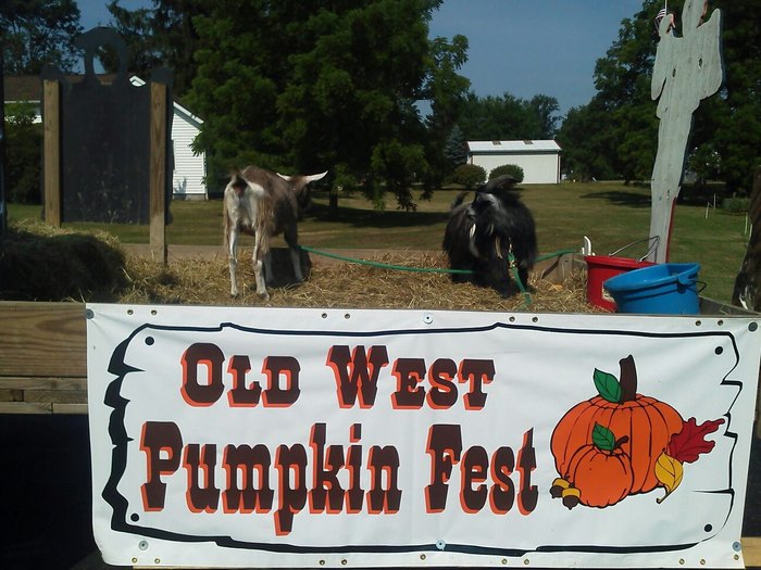 Two animals stand behind a banner that reads "Old West Pumpkin Fest"