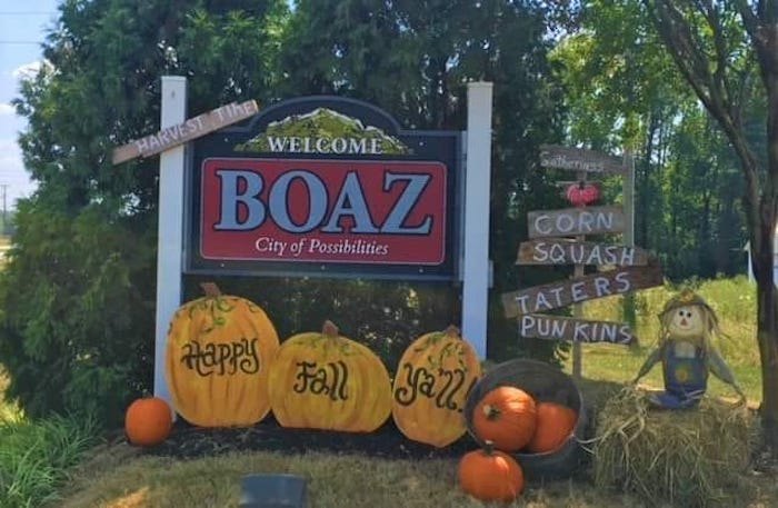 A welcome sign and fall display for Boaz, home of the Boaz Harvest Festival, the oldest small-town harvest festival in Alabama.
