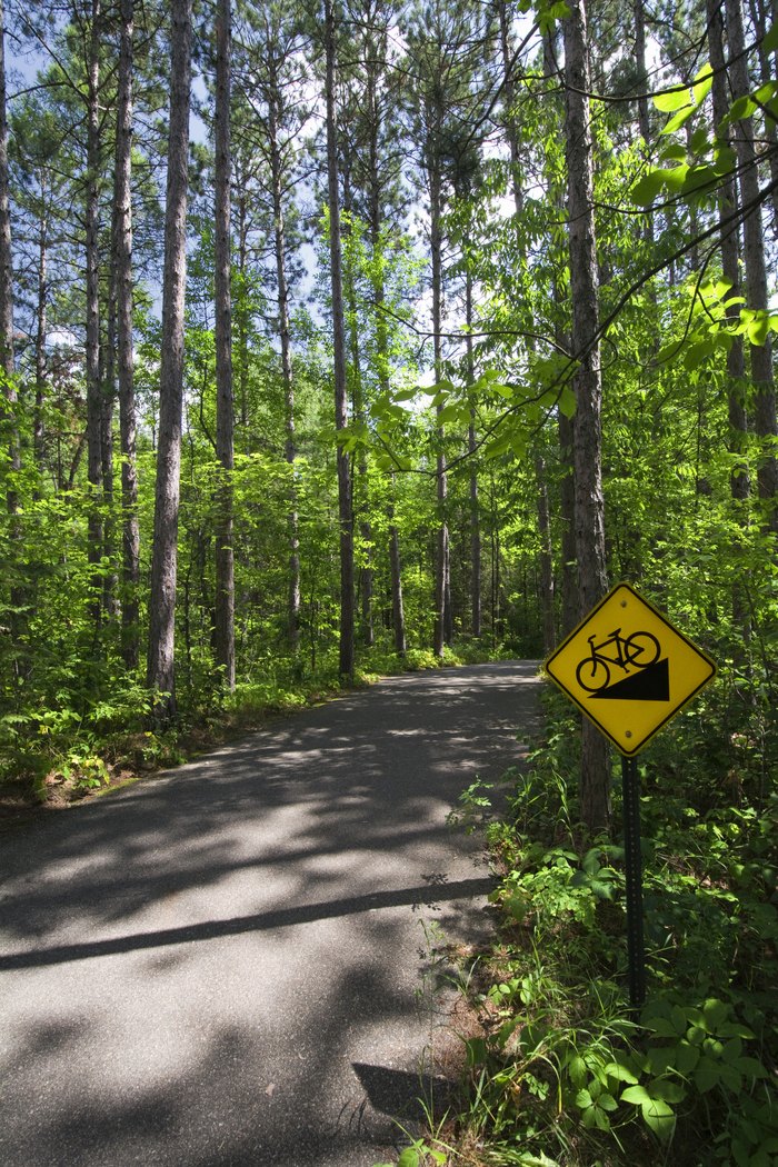 Downhill bike sign on trail in Itasca State Park, Northern Minnesota, USA