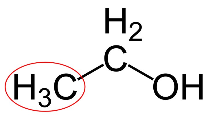 Structure of an ethanol molecule, with the methyl group circled in red