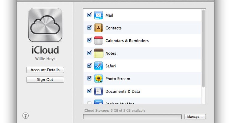 No painel de preferências do iCloud, você pode escolher quais serviços e aplicações deseja sincronizar